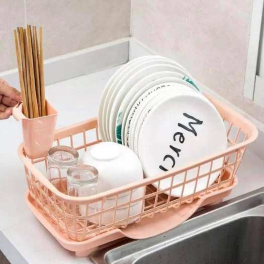 Kệ (Rổ) úp chén bát dĩa kèm khay hứng nước và ống đựng đũa thìa tiện lợi - Rổ nhựa đựng chén dĩa đũa muỗng có khay thoát