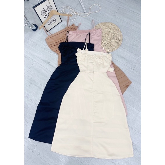 Đầm dự tiệc 2 dây phom xoè gắn nơ vải tafta