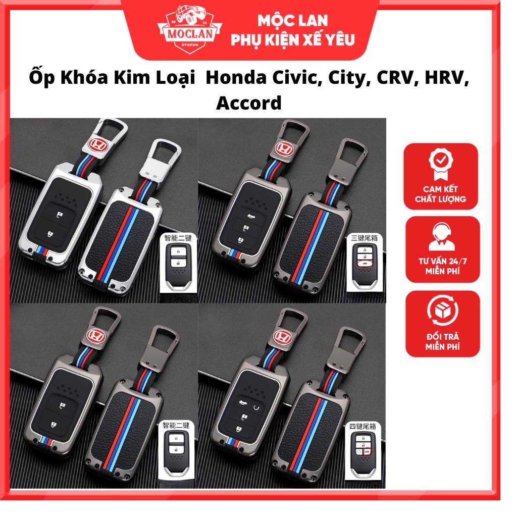 Ốp khóa kim loại phản quang - Vỏ bọc chìa smartkey ô tô Honda Civic, City, CRV, HRV, Accord