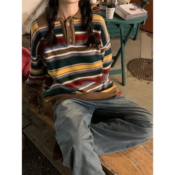 Ryann Áo polo len kẻ ngang vintage thu đông A024