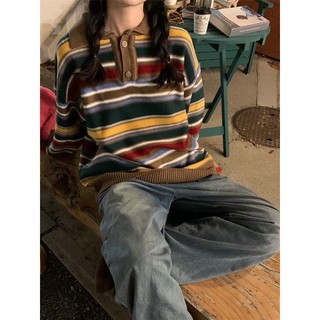 Ryann Áo polo len kẻ ngang vintage thu đông A024