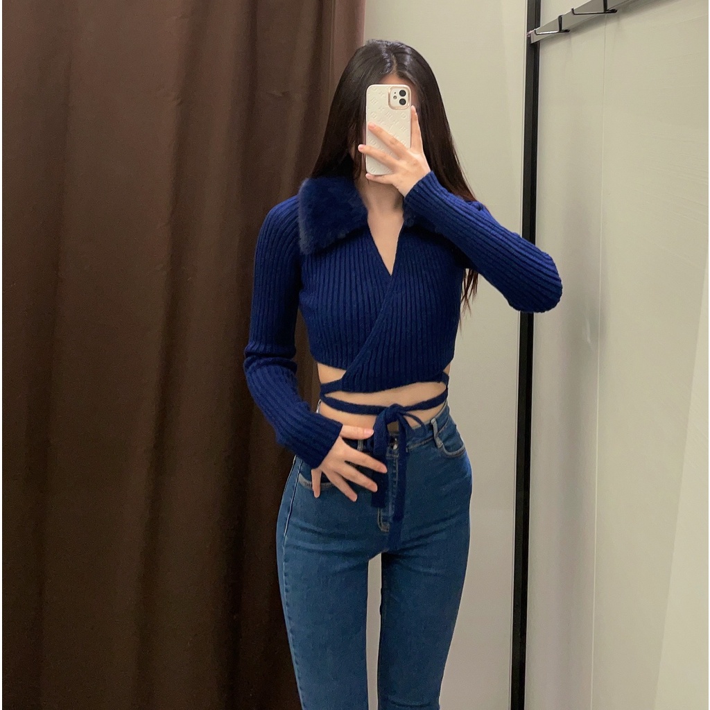 Áo Khoác Cardigan Zara Cổ Bẻ Cột Dây Phối Lông Nhân Tạo Thời Trang Cho Nữ 226873101Phong Cách Mới