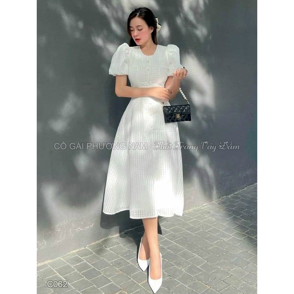 (Miễn Phí Ship) Đầm nút bọc tay phồng,đầm nữ cổ tròn dáng xòe chất xô cao cấp 2 lớp,diện đi đâu cũng xinh