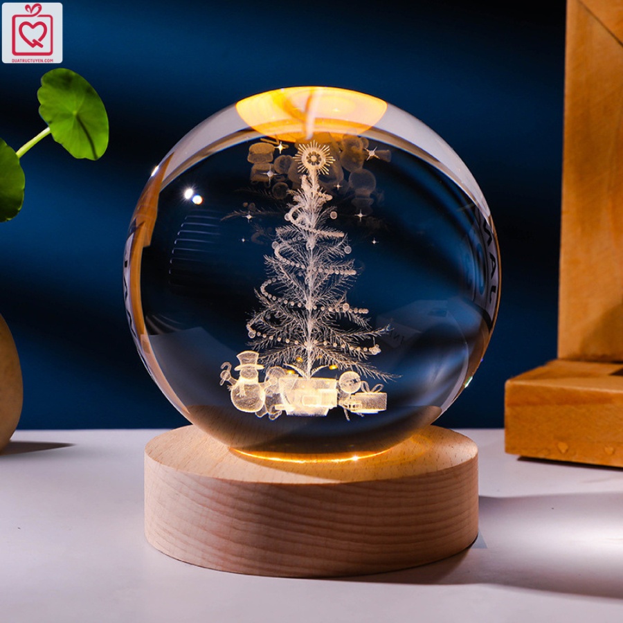 Quả cầu pha lê 3D phát sáng Noel, Quả cầu với hoạ tiết giáng sinh, ông già Noel, người tuyết, cây thông