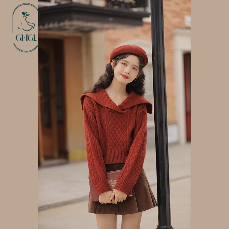 Áo Sweater Cổ Hải Quân Dáng Ngắn Cổ Búp Bê Xoắn Eo Cao Màu Đỏ Phong Cách Retro Nhật Bản Cho Nữ