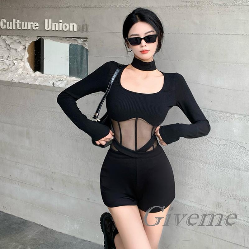 Áo Sơ Mi Tay Dài Cổ Vuông Màu Trơn Phối Lưới Thời Trang Đường Phố Cho Nữ