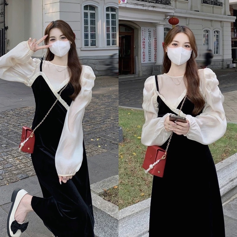 Set váy nhung 2 dây bèo phối áo tơ tay dài