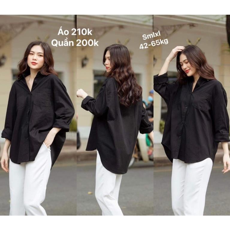 👗Bán sỉ👗Set áo sơ mi đuôi tôm mix quần kaki cạp chun dáng lỡ có túi