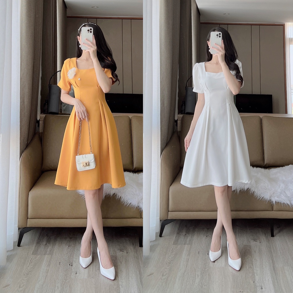[ ẢNH THẬT] Đầm thiết kế cổ vuông ly eo