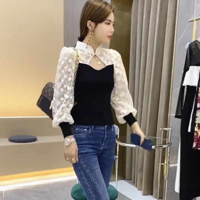 Áo Sơ Mi Nữ Tay Dài Dáng Ôm Phối Ren Thời Trang Hàn Quốc