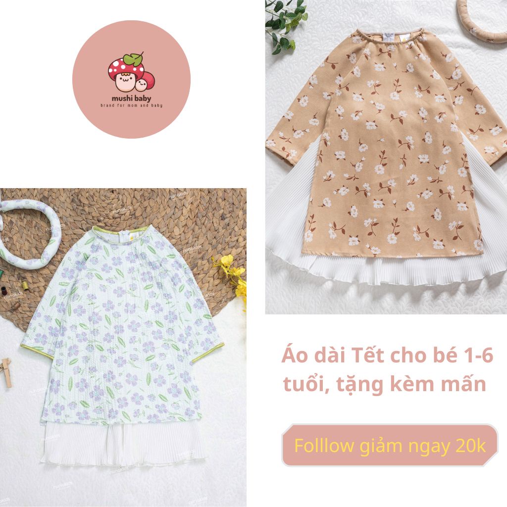 (Mushibaby) áo dài cho bé gái, áo dài cách tân Mushi họa tiết hoa nhí xinh xắn, áo dài vintage cho bé gái 1-10 tuổi