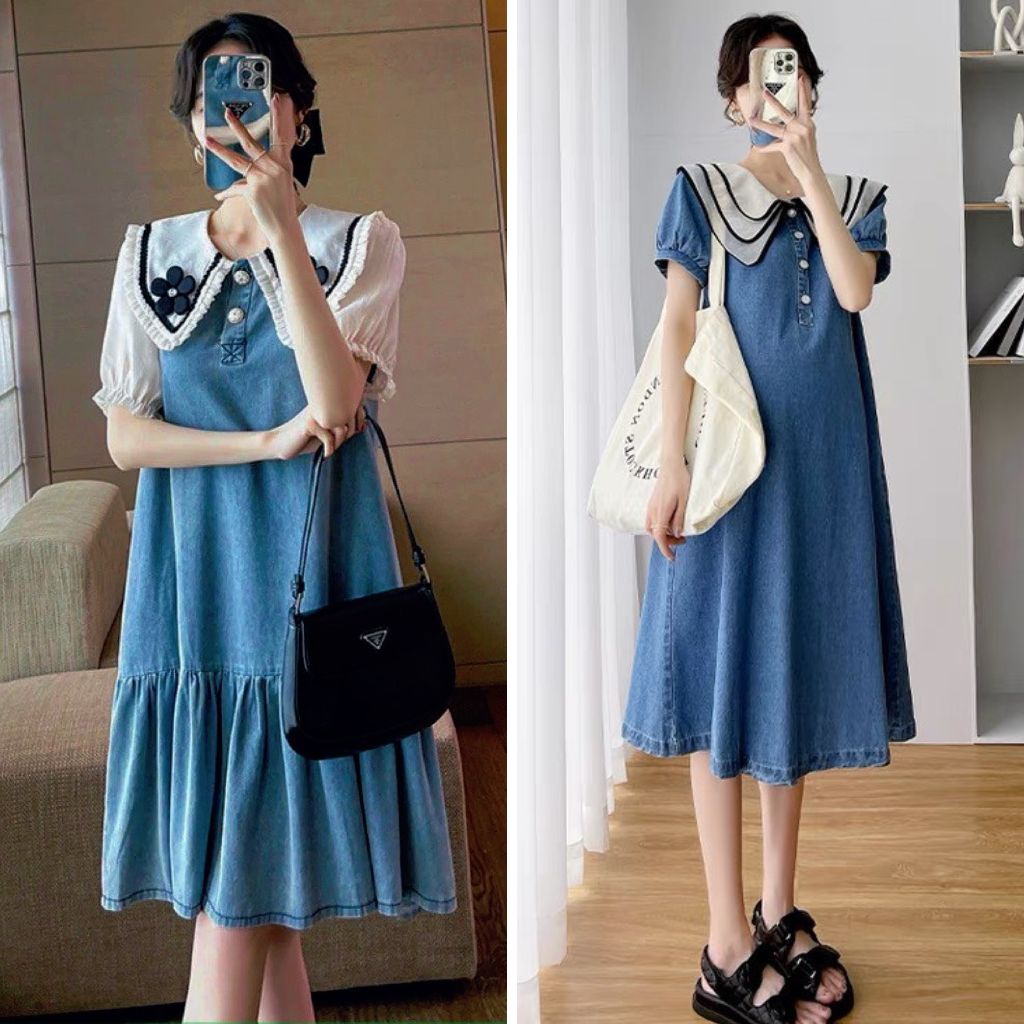 Đầm bầu xinh cổ bèo chất liệu giả Jean sang trọng