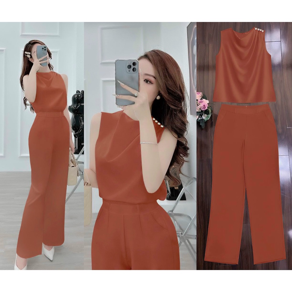 Bộ đồ nữ set nguyên bộ rời, quần dài ống suông áo cổ đổ vai phối nút xinh xắn J1203