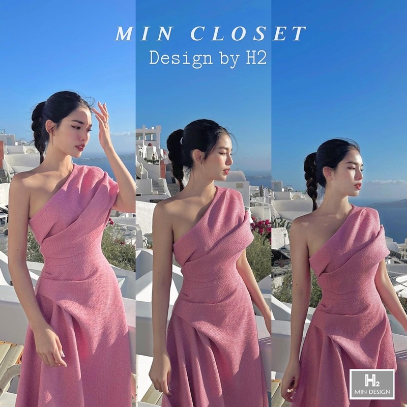 Đầm dáng chữ A dạ lệch vai rúm eo