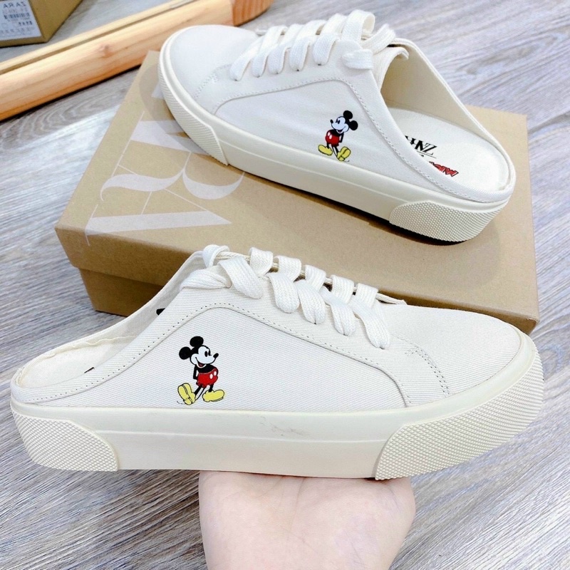 Giày Thể thao sneaker sục Mlb mickey, sục zara mickey nâu ảnh thật