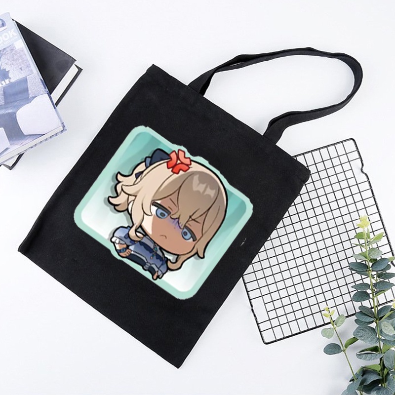 Túi tote vải đen trắng in hình GENSHIN IMPACT ver CHỮ NHẬT CHIBI game anime chibi tiện lợi thời trang đeo vai