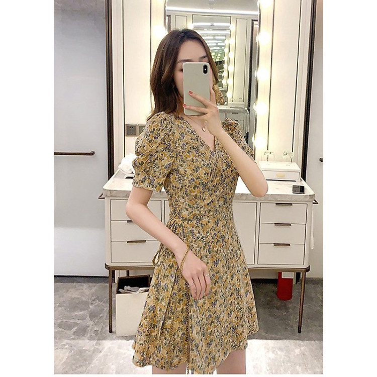 Đầm Dài Hoa Nhí Cổ Chữ V Đắp Tà Buộc Eo Thời Trang Nữ Phong Cách Mori
