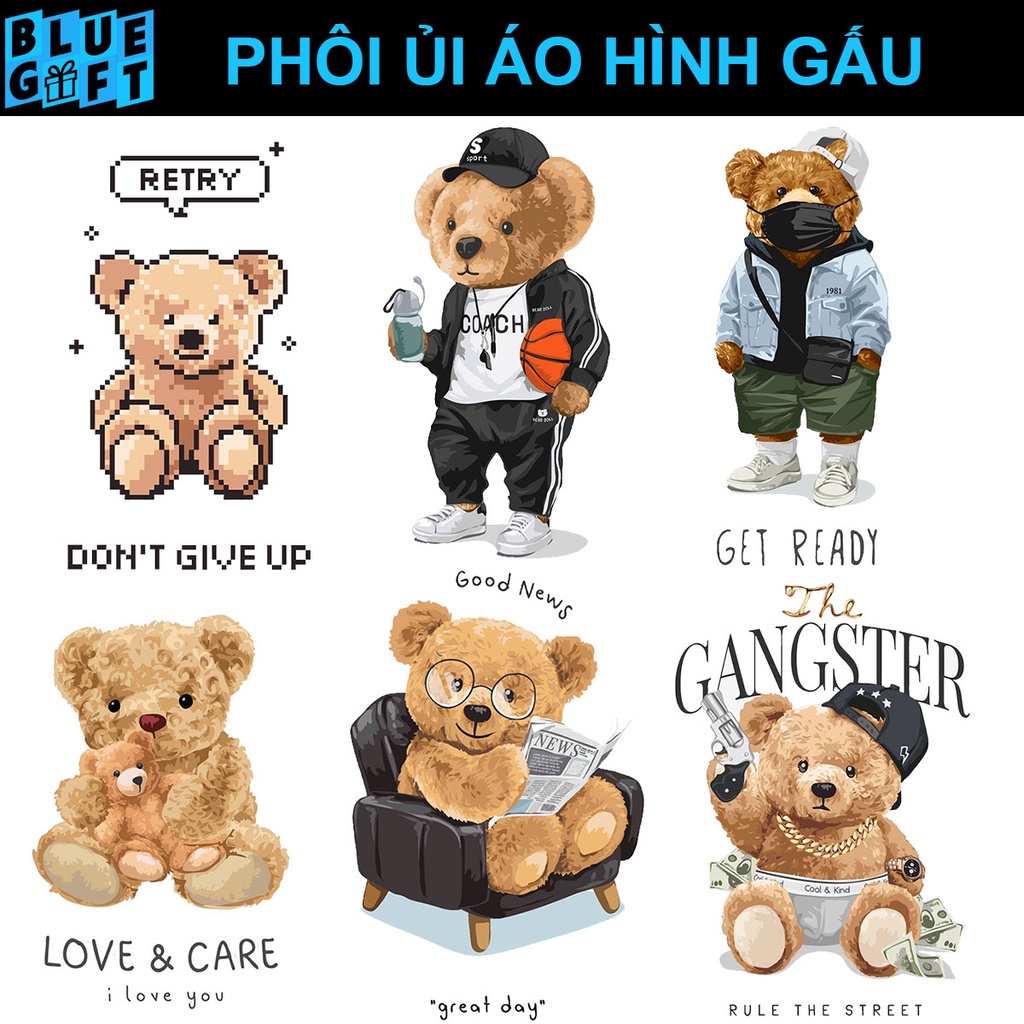 (Hình Ủi Nhiệt Quần Áo - Miếng Dán Ủi Quần Áo) Có In Theo Yêu Cầu, Hình Ủi Gấu G13 - Blue Gift