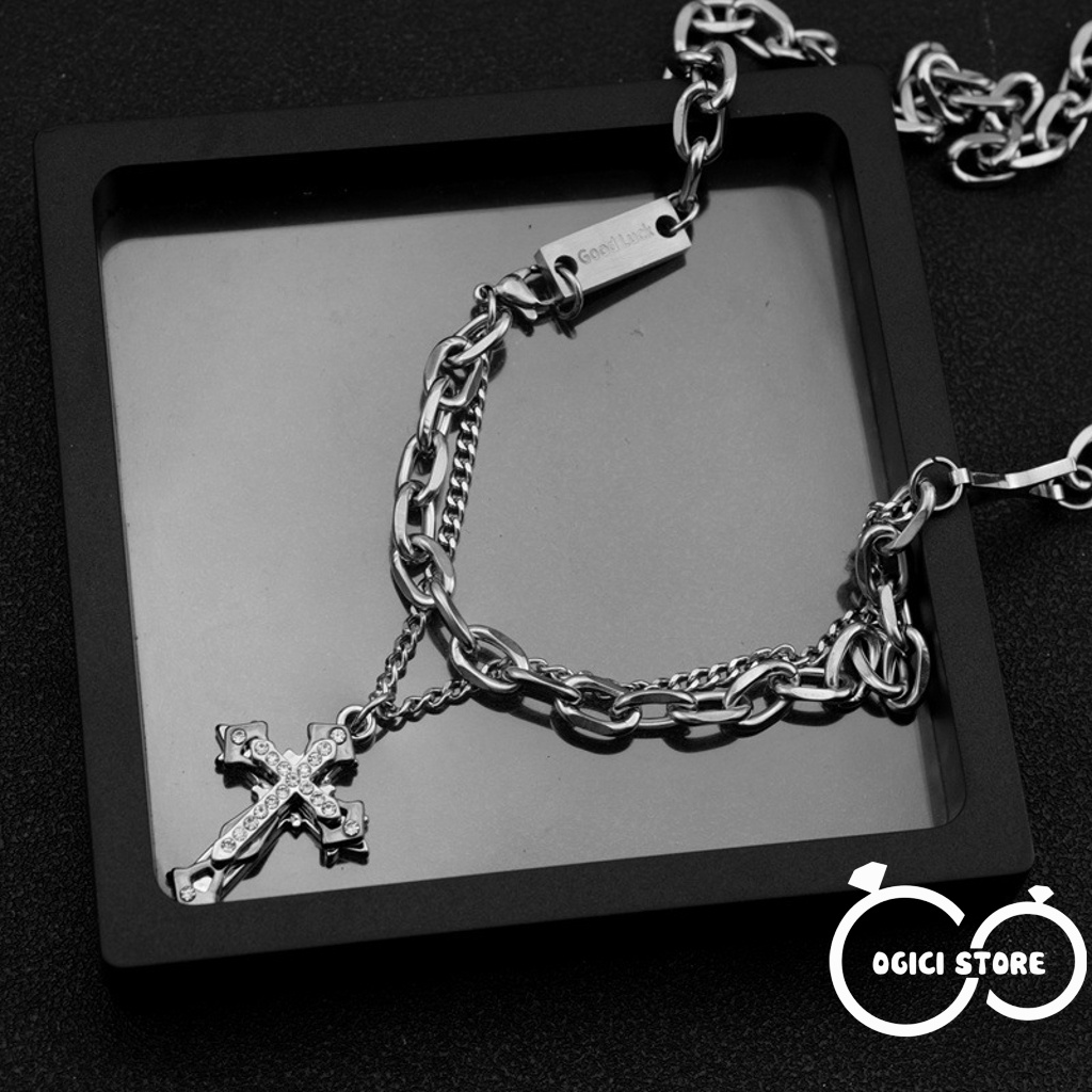 Dây chuyền chữ thập đính đá thời trang, Vòng cổ nam nữ chữ thập đính đá phong cách hiphop cá tính, Unisex
