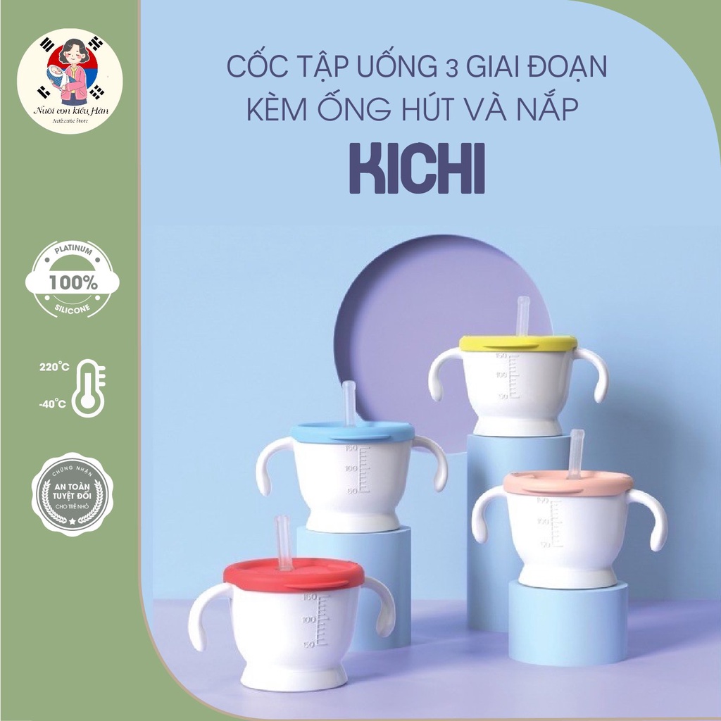 Cốc tập uống 3 giai đoạn Kichi kèm ống hút và nắp cho bé, giúp bé tập uống nước, uống sữa dễ dàng Nuoiconkieuhan