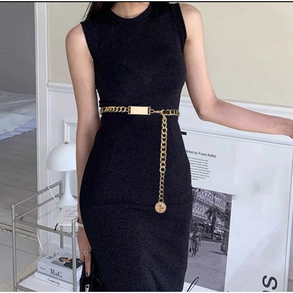 Đai váy thắt lưng xích phối da mặt kim loại thả kiểu cao cấp sang trọng