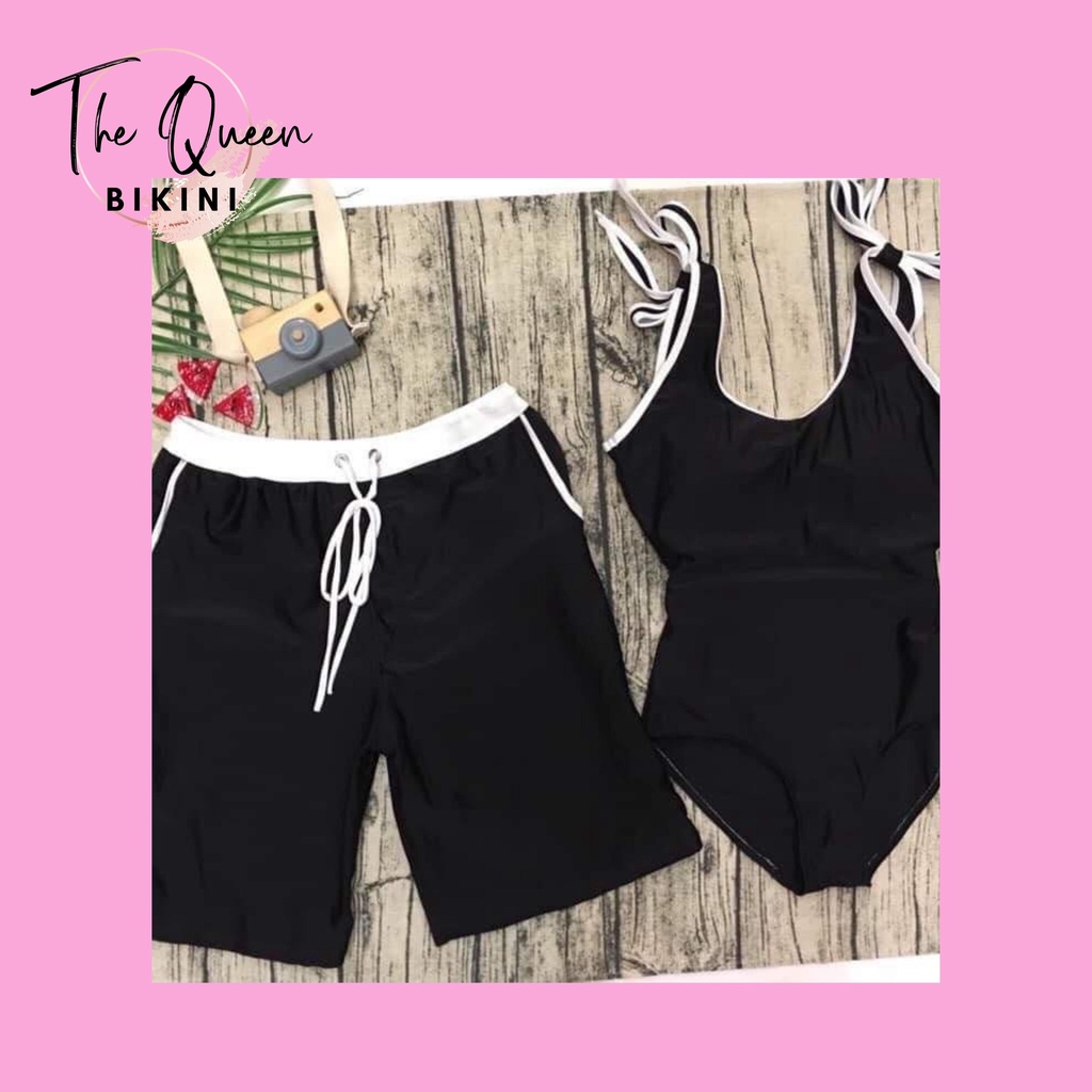Set đi biển Combo cặp đôi bikini nữ 1 mảnh cùng quần đùi nam đi biển The Queen 052