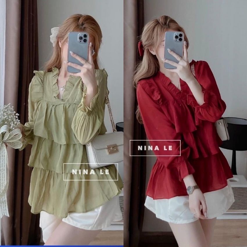 Set Đồ Nữ Đi Chơi, Áo Sơ Mi Tay Dài Bèo Kiểu Dún Bèo Tầng Xanh Bơ Đỏ Short Dễ Thương Thời Trang