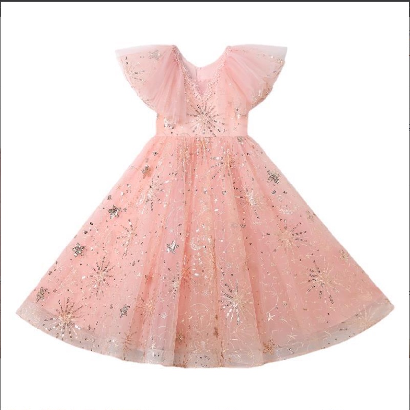 Đầm công chúa bé gái Hồng dài choàng vai - kim sa đính hạt cao cấp - Váy bé gái avalyakids