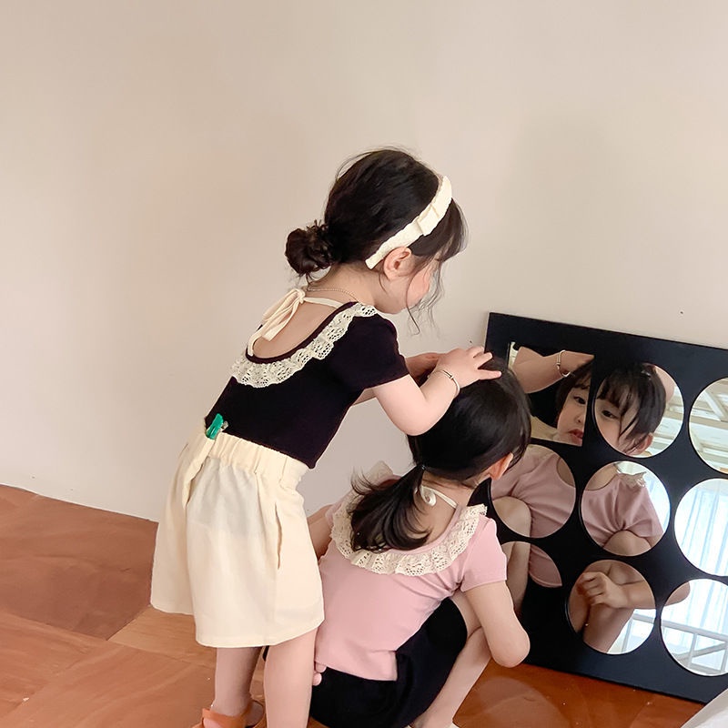 Áo Thun Tay Ngắn Phối Ren Và Nơ Dễ Thương Phong Cách Hàn Quốc Cho Bé Gái