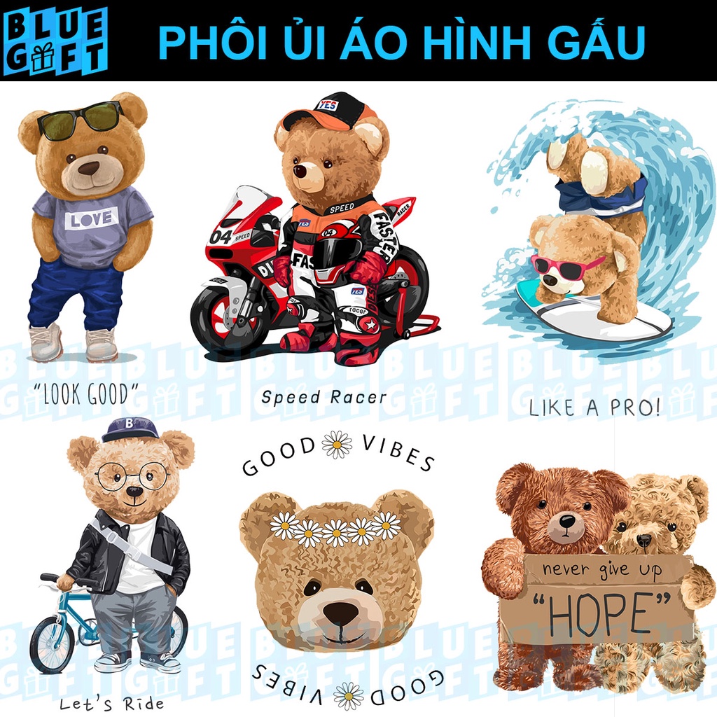 (Hình Ủi Nhiệt Quần Áo - Miếng Dán Ủi Quần Áo) Có In Theo Yêu Cầu, Hình Ủi Gấu G17 - Blue Gift