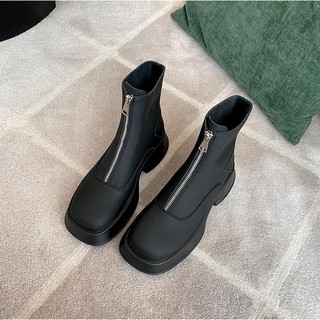 Giày boot đế dày mũi vuông phối khóa kéo trước thời trang cá tính cho nữ