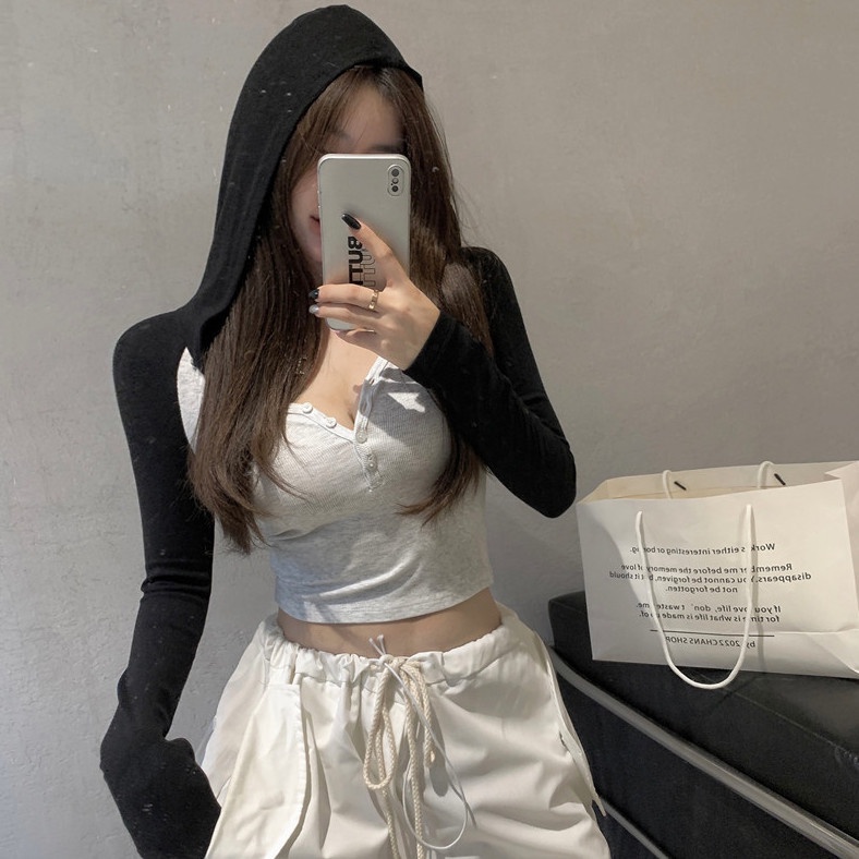 A 'o len croptop Áo Thun Thể Thao Tay Dài Có Mũ Trùm Nửa Nút Màu Tương Phản Dáng Ôm Ngắn Cho Nữ