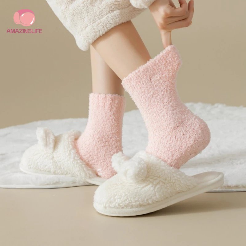 Vớ Lông Cừu San Hô Dày Dặn Màu Sắc Đơn Giản Giữ Ấm Mùa Đông Cho Nữ