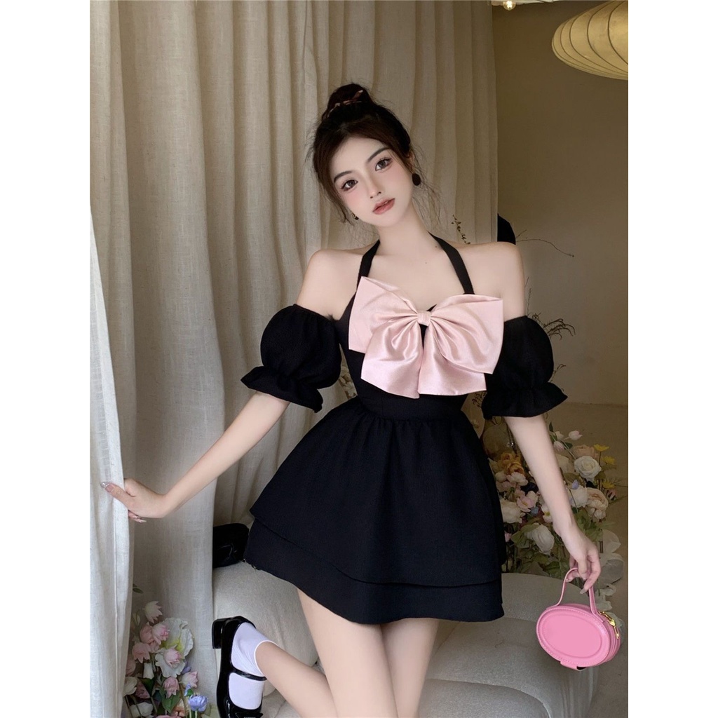 Đầm Cổ Yếm Hở Vai Eo Cao Tay Phồng Đính Nơ Phong Cách Pháp Ngọt Ngào Cho Nữ