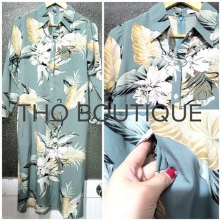 [HÀNG MỸ] Đầm midi sơ mi FOREVER21 tay dài cotton mềm hoạ tiết hoa lá xanh mint trắng