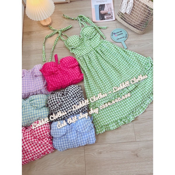 Váy caro 2 dây phối bèo dáng dài ( sẵn mút) Đầm dây đũi freesize đầm bầu linhhtt clothes