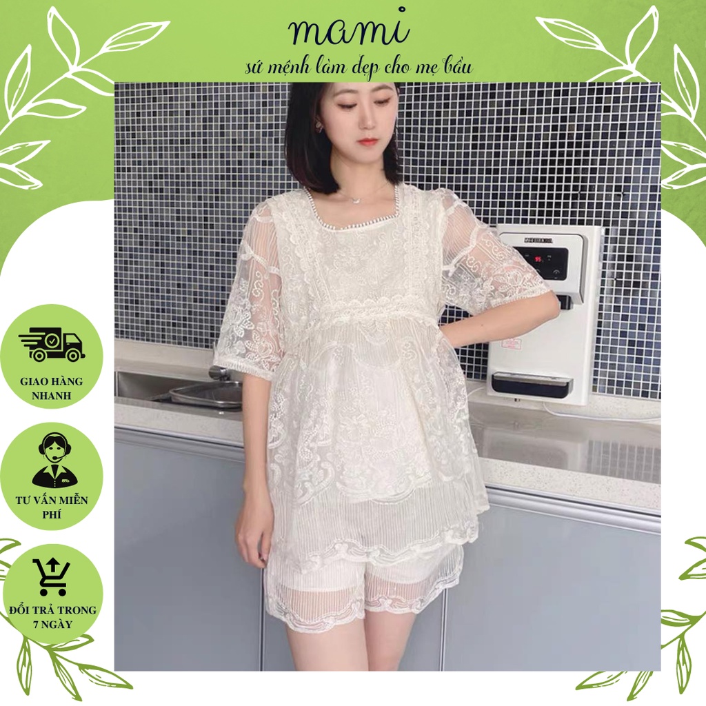 Bộ quần áo bầu thiết kế cao cấp Mami, chất liệu ren mềm mại lót lụa thoáng mát, phù hợp đi chơi, đi du lịch Size 40-80kg