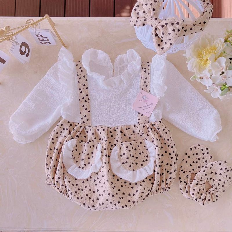 [Kèm băng đô+ giày vải] Body Dài Tay Cho Bé Gái Sơ Sinh 4-10kg