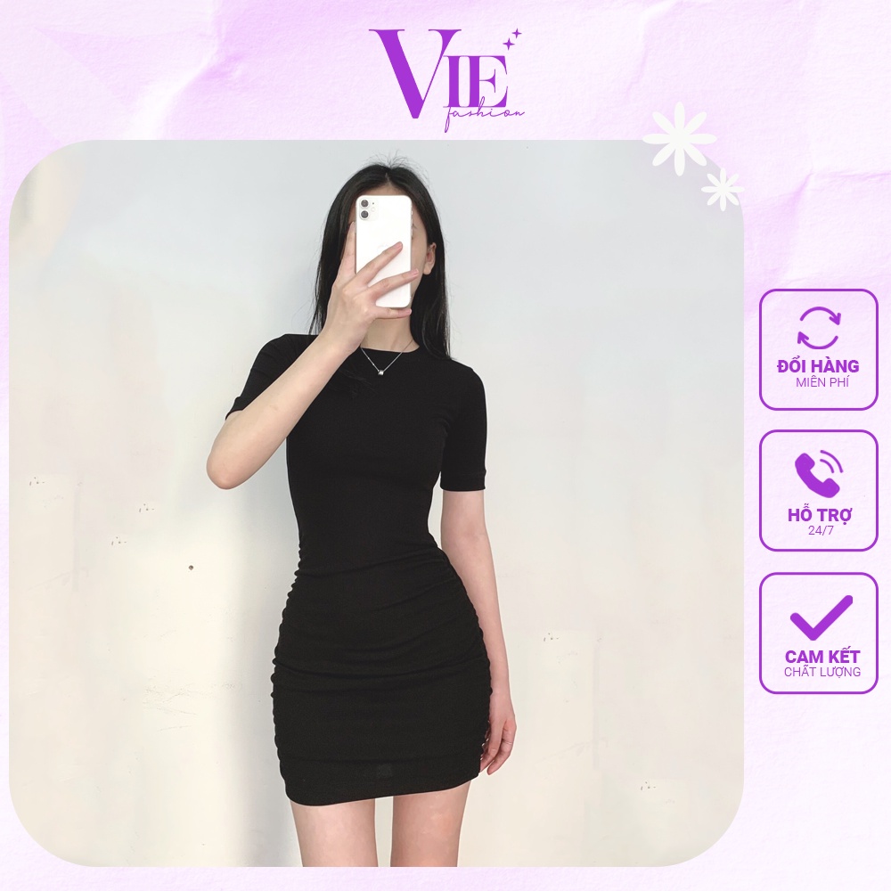Váy body tay lỡ, nhún ở hông và eo cực tôn dáng, cổ tròn. Chất vải cotton cao cấp, co dãn rất tốt. VIE fashion 2112-04