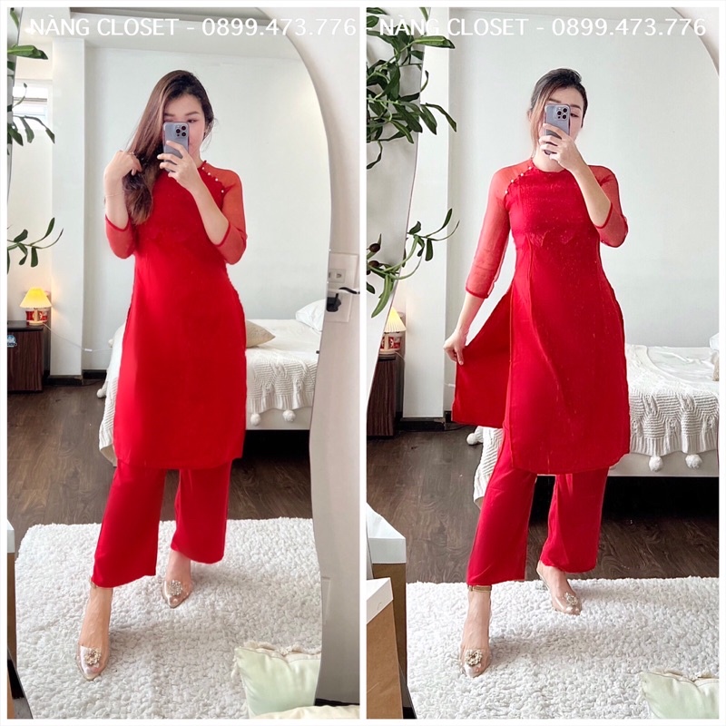 SET Áo Dài lụa đỏ cách tân tay lửng đính nút ngọc kèm Quần diện Tết NÀNG CLOSET