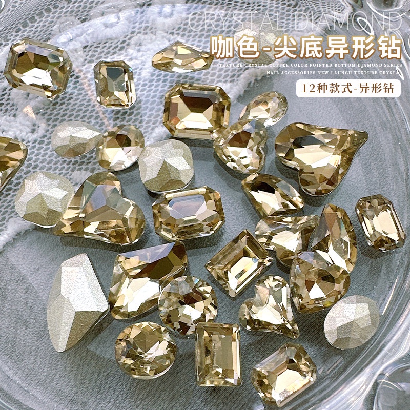 Set 10 viên đá pha lê K9, đá khối pha lê màu vàng nâu, nhiều hình dạng trang trí móng tay nghệ thuật