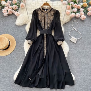 #2756 [Order] Đầm dài tay màu đen họa tiết phong cách retro kèm thắt lưng đủ size