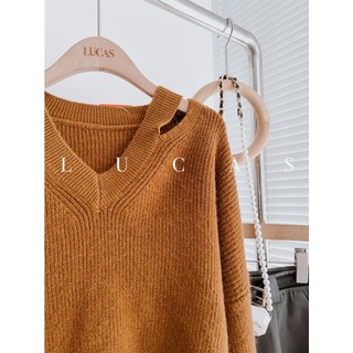 Áo len tăm cổ v xẻ vai tay dài dáng basic
