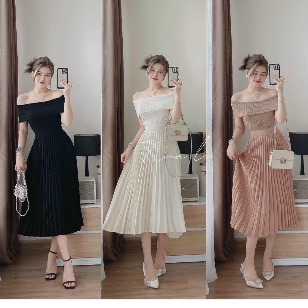 Sét bộ áo bẹt vai tay ngắn phối chân váy xếp ly dài cực xinh