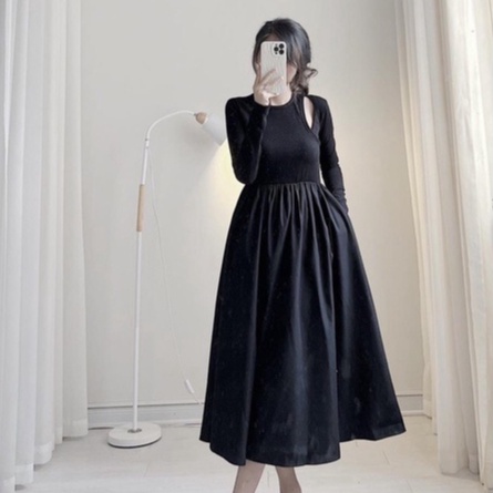 Váy xòe dáng dài, đầm nữ dài tay khoét vai midi trơn basic hàn quốc dài qua gối freesize hàn quốc Ylydress C1232