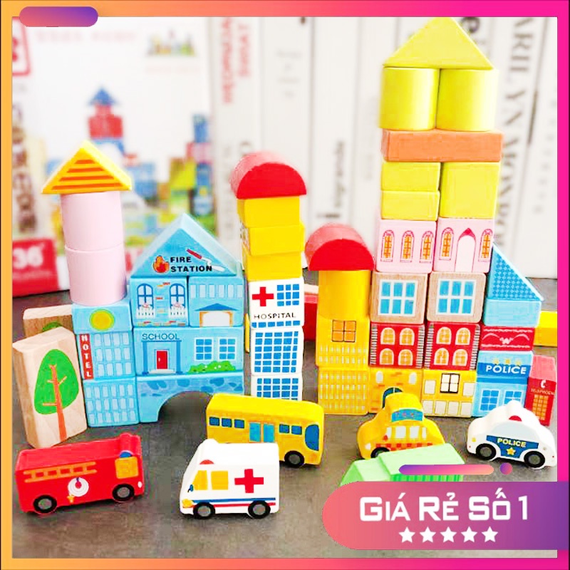 Bộ đồ chơi mô hình thành phố bằng gỗ 3D 62 chi tiết.Đồ chơi giáo dục cho bé