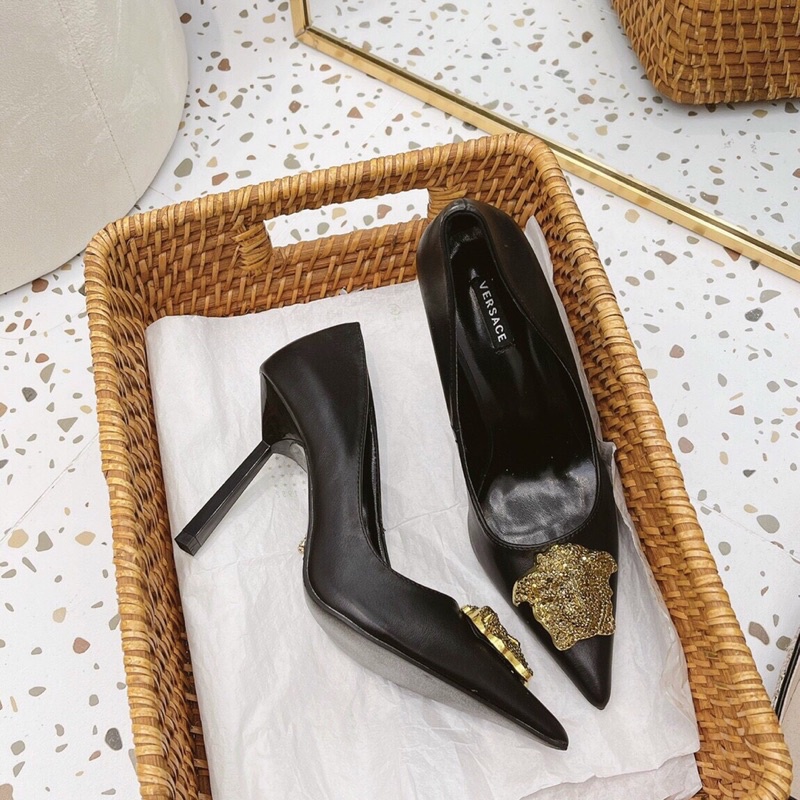 Giày cao gót nữ da lì khóa hình đầu Nguyên hộp hãng cao cấp