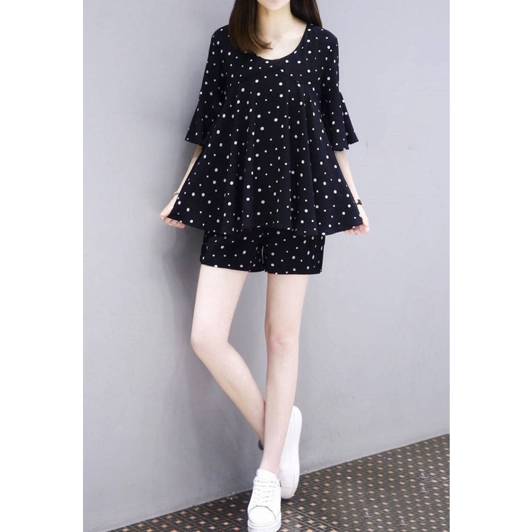Aphrod Set Áo Thun Ngắn Tay Cổ Tròn + Quần short Lưng Cao Họa Tiết Chấm Bi Thời Trang Nữ