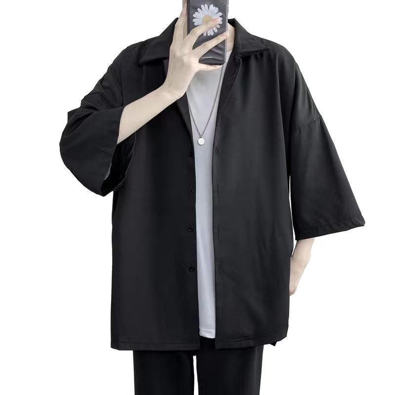 Áo Sơ Mi Nam Dài Tay Màu Đen Dáng Rộng Phong Cách Đường Phố Nhật Hàn Cá Tính