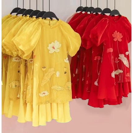 Áo Dài Cho Bé Gái Cách Tân Họa Tiết Hoa Sen Tay Bồng Chất Tơ Óng Mềm Mại Màu Sắc Nhẹ Nhàng 8 - 32Kg